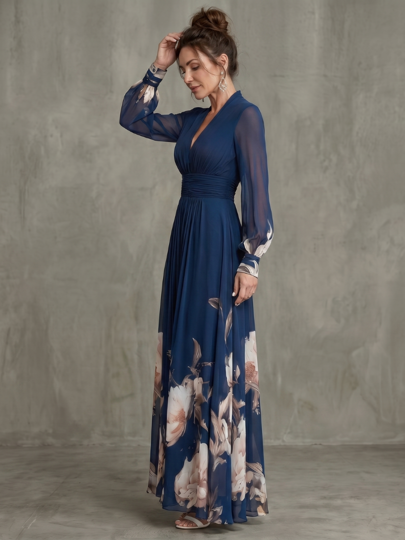 Zelia | Vestido maxi con mangas plisadas transparentes