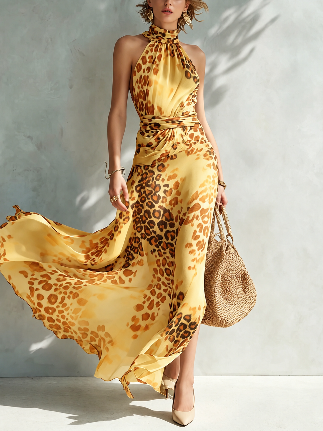 Daniela | Vestido largo con estampado animal y cuello halter
