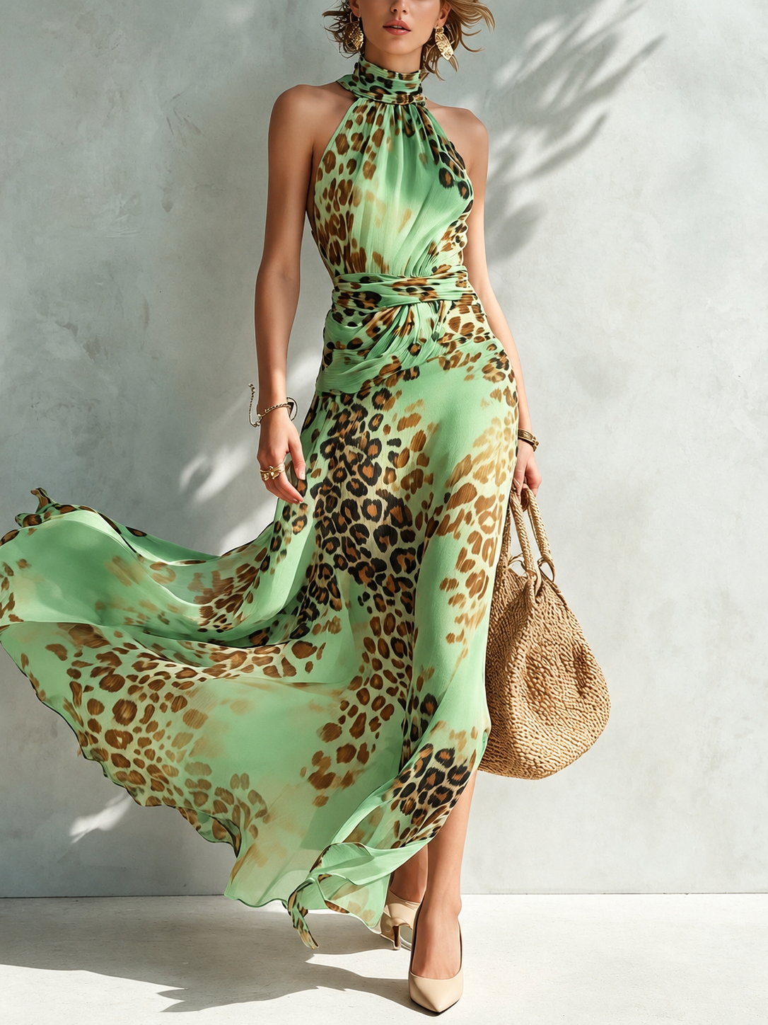Daniela | Vestido largo con estampado animal y cuello halter