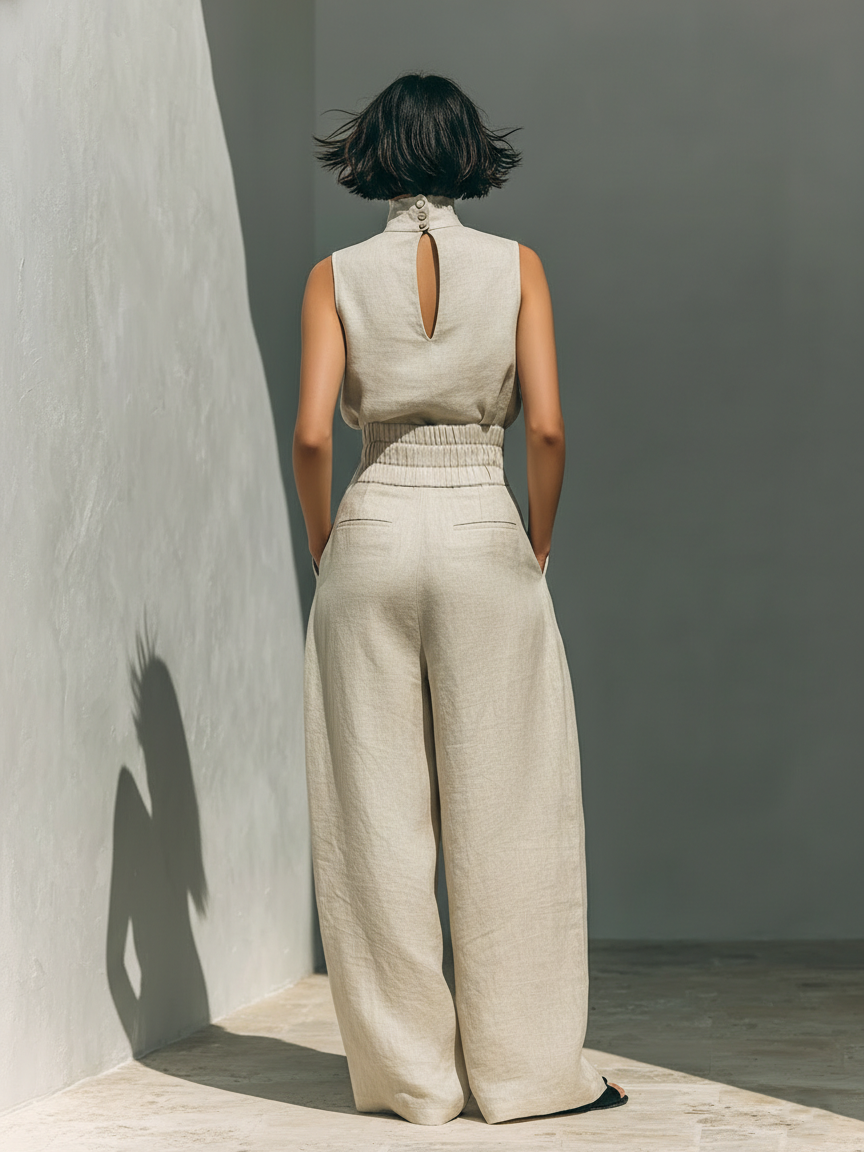 Aurora | Conjunto beige de lino con top sin mangas y pantalón ancho