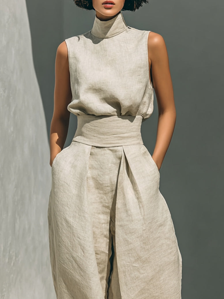 Aurora | Conjunto beige de lino con top sin mangas y pantalón ancho