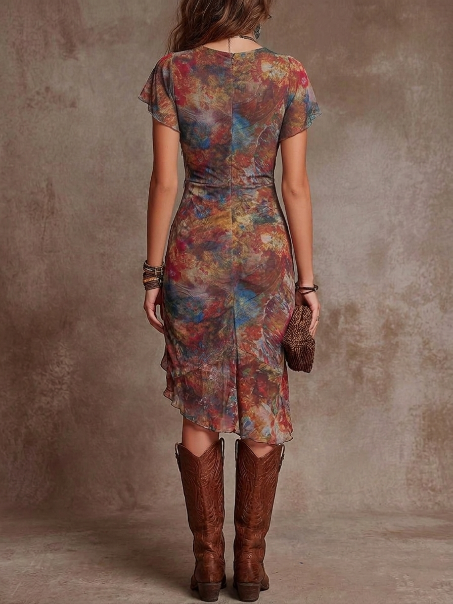 Martina | Vestido midi plisado de escote en V con estampado abstracto