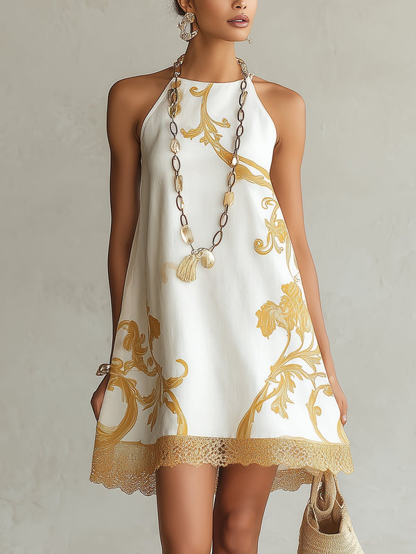 Eloísa | Vestido corto blanco de encaje con motivos dorados