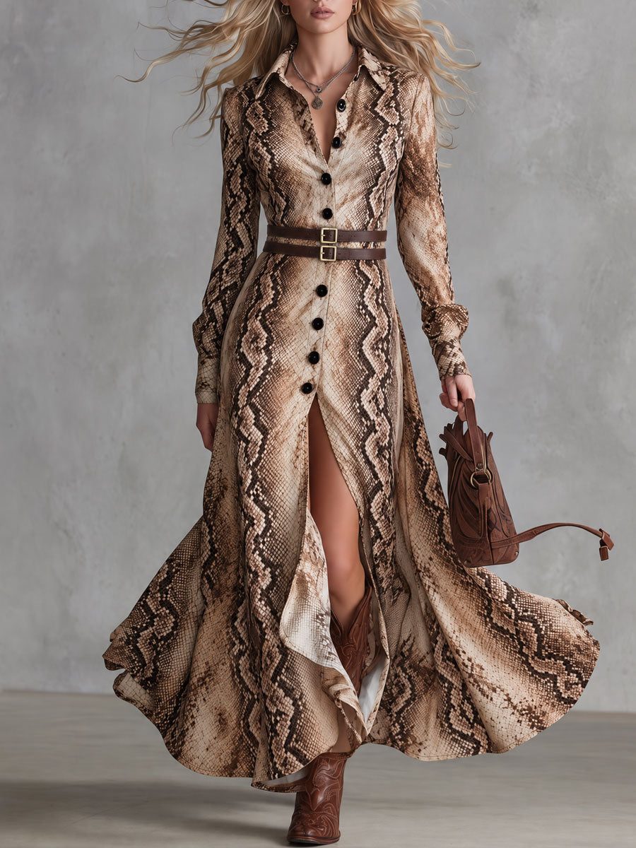 Esther | Vestido largo marrón con estampado de reptil y abertura