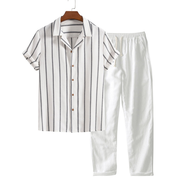 Conjunto de lino de manga corta en blanco y azul marino
