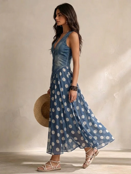 Adelina vestido largo vaquero de lunares