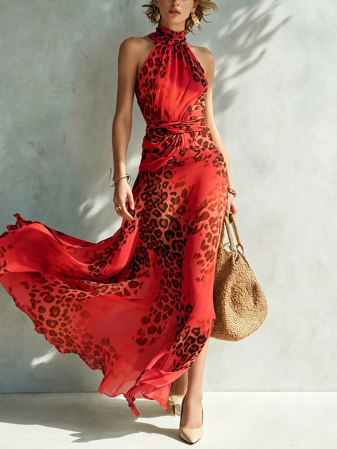 Daniela | Vestido largo con estampado animal y cuello halter