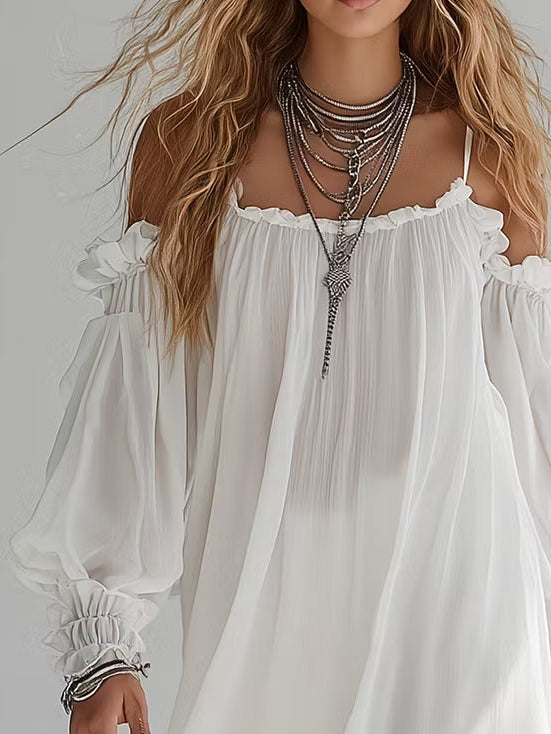 Romana | Vestido corto blanco bohemio de hombros descubiertos