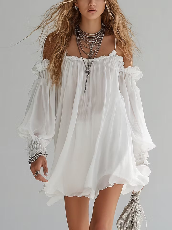 Romana | Vestido corto blanco bohemio de hombros descubiertos