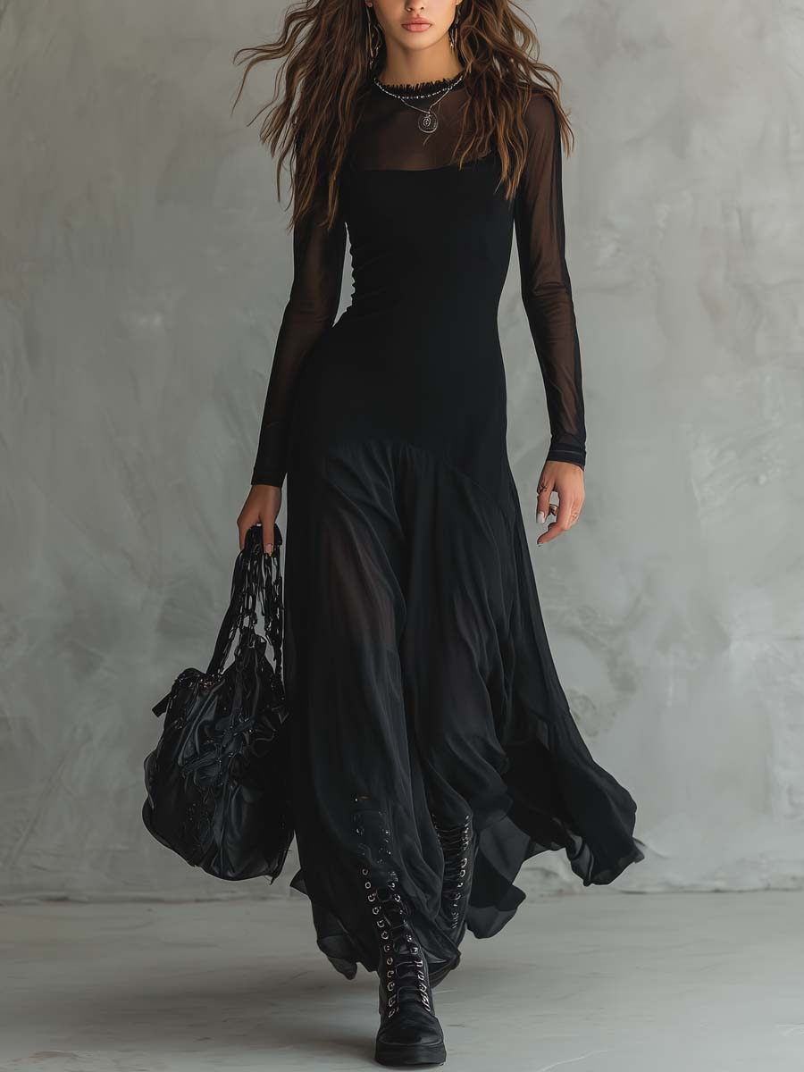 Noemí | Vestido largo evasé de tul negro