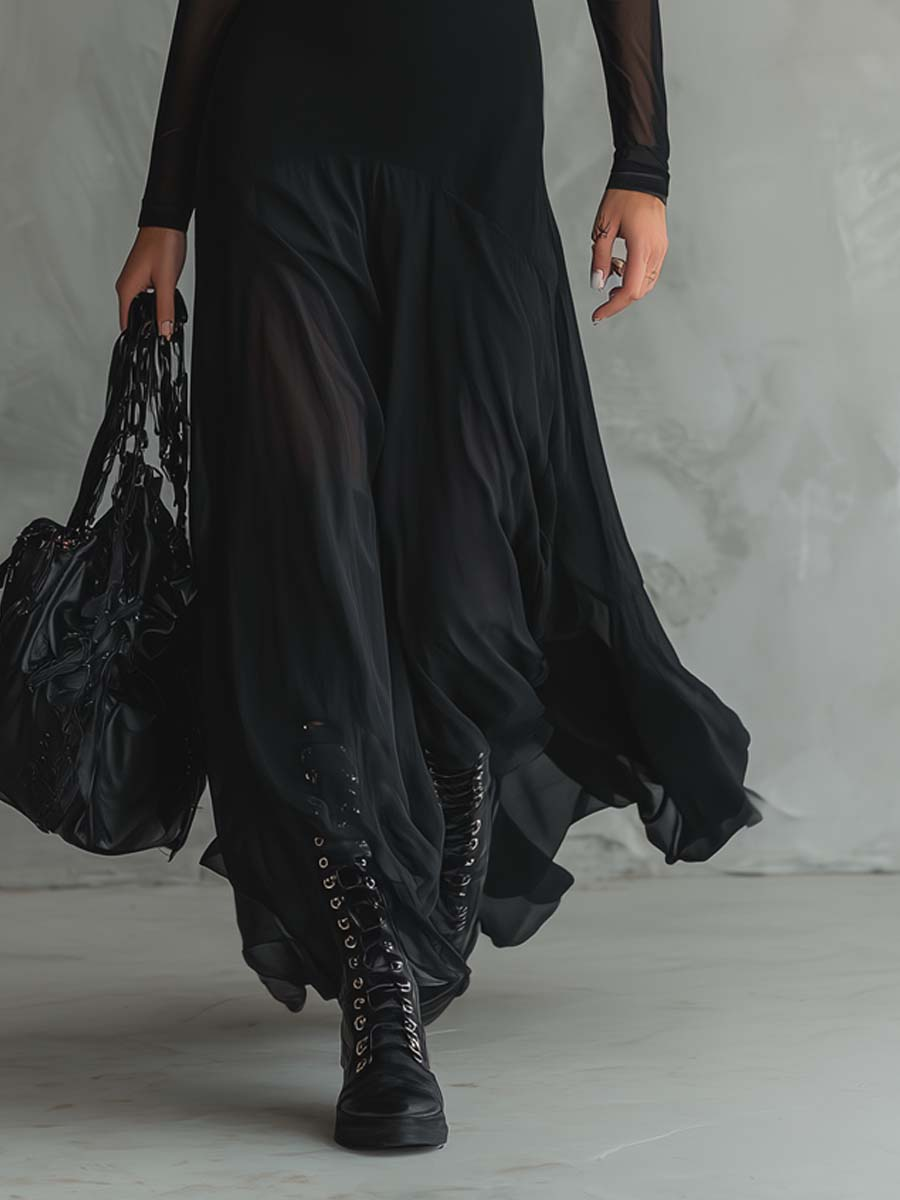 Noemí | Vestido largo evasé de tul negro