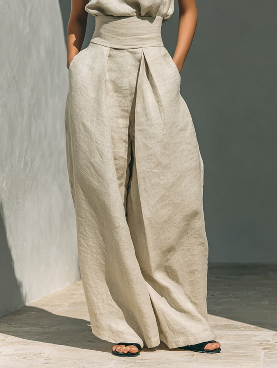 Aurora | Conjunto beige de lino con top sin mangas y pantalón ancho