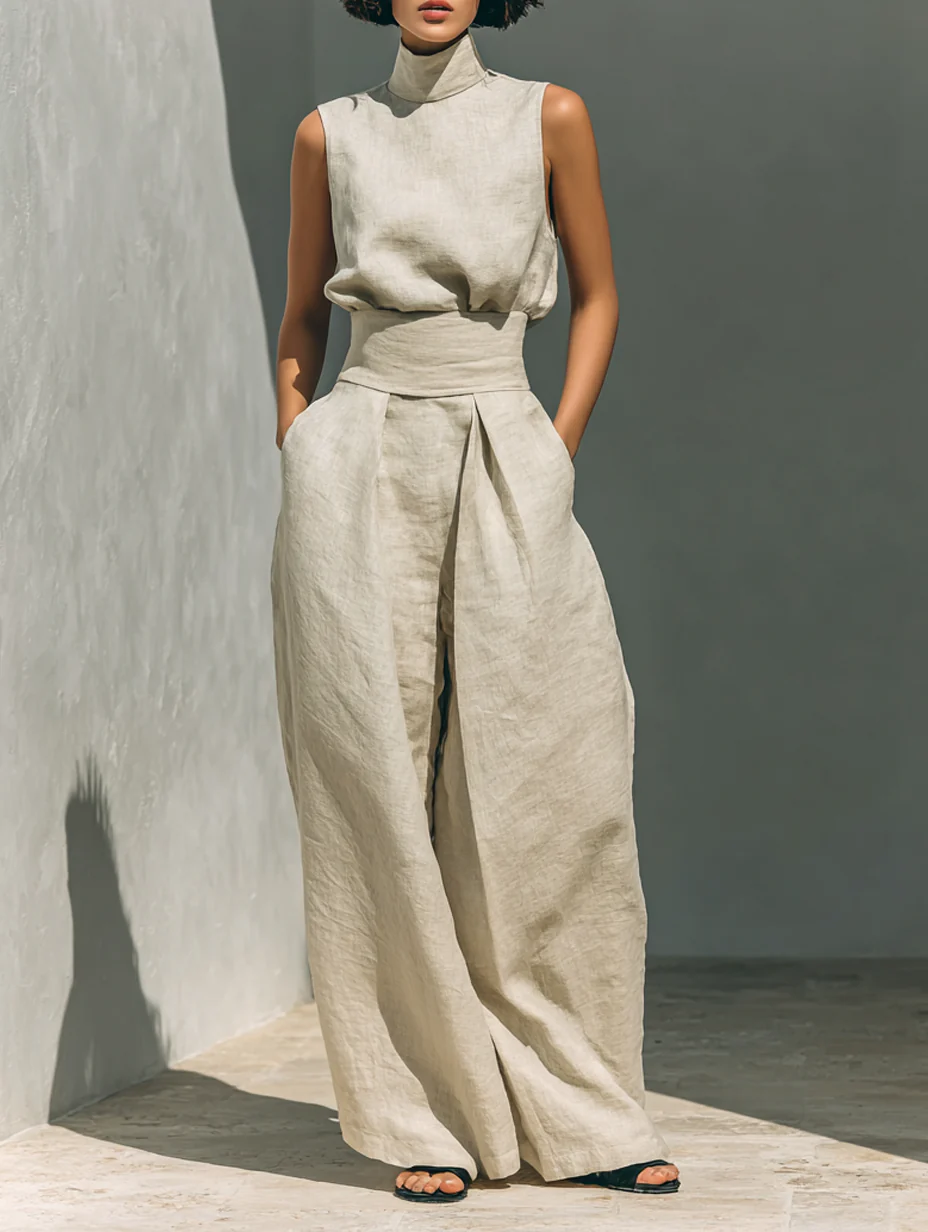Aurora | Conjunto beige de lino con top sin mangas y pantalón ancho