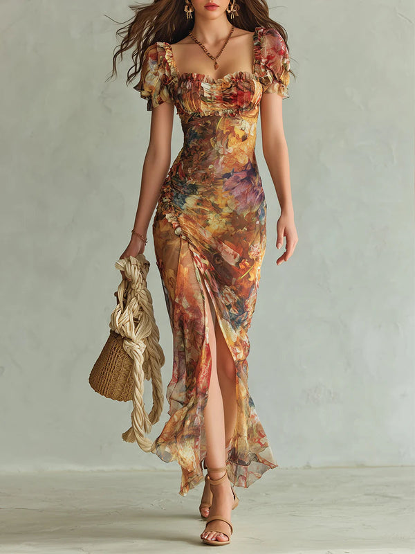 Violeta | Vestido largo de gasa naranja con estampado artístico