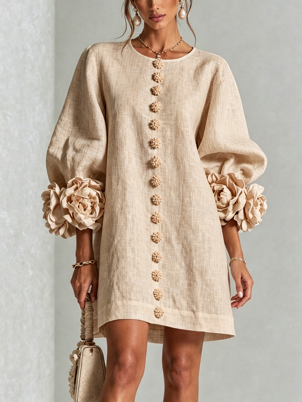 Ámbar | Vestido corto de mezcla de lino con puños rosa
