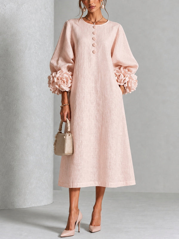 Eglantina | Vestido midi floral rosa con botones y mangas fantasía