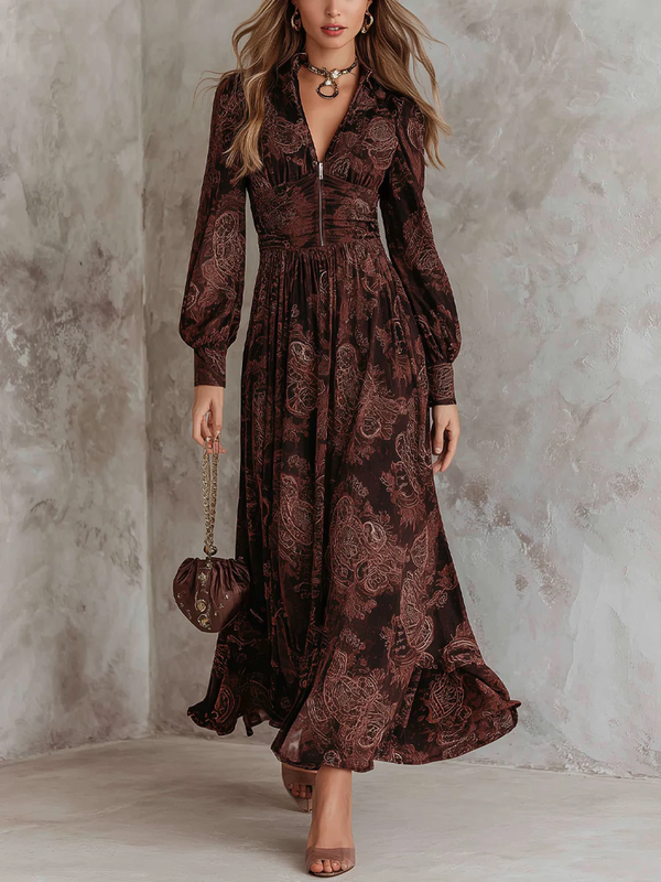Oriana | Vestido de estampado paisley marrón con cremallera