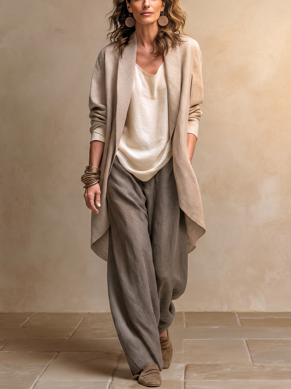 Constanza | Conjunto de tres piezas beige con pantalón palazzo
