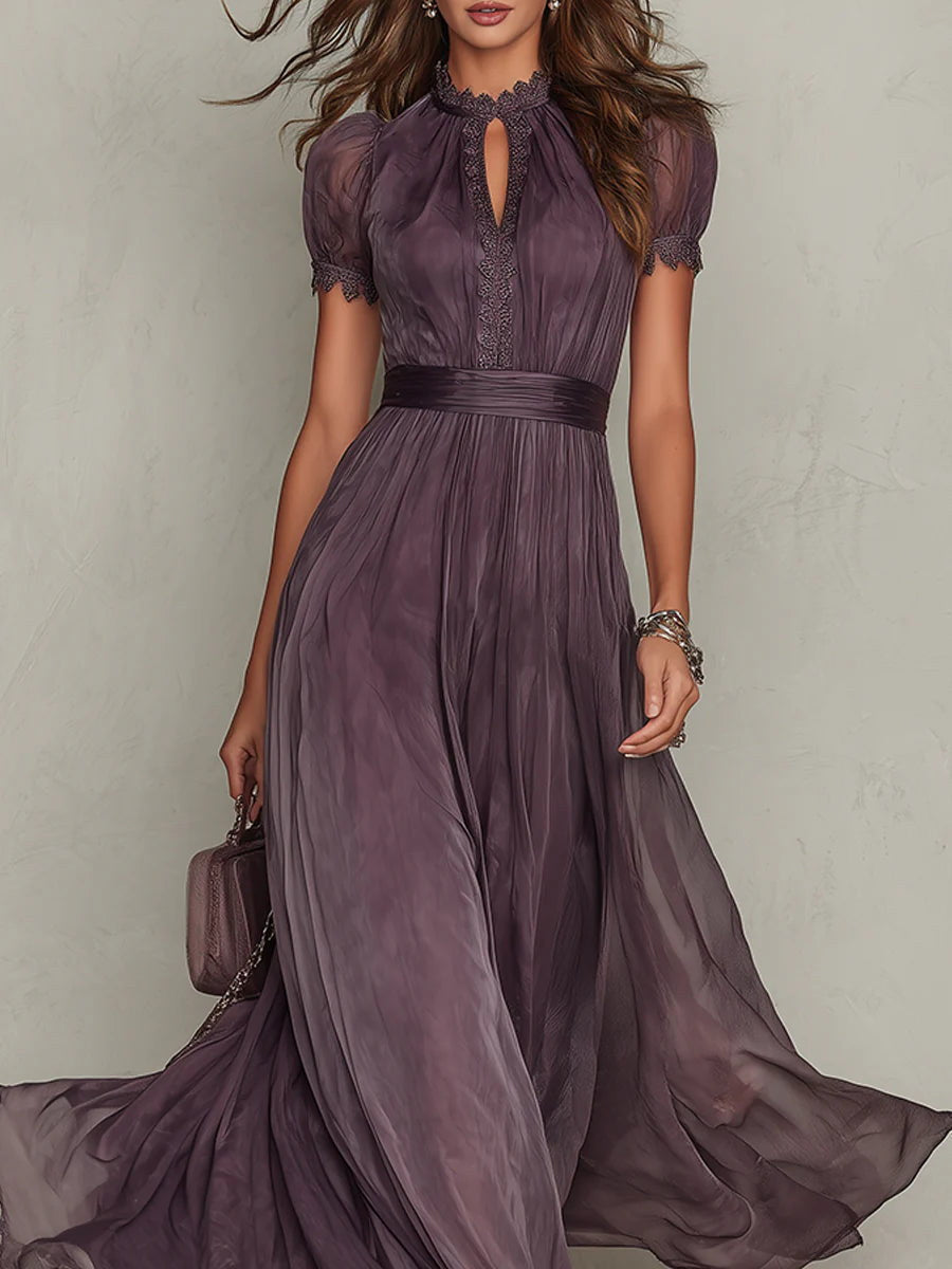 Miriam | Vestido largo de gasa y encaje en violeta