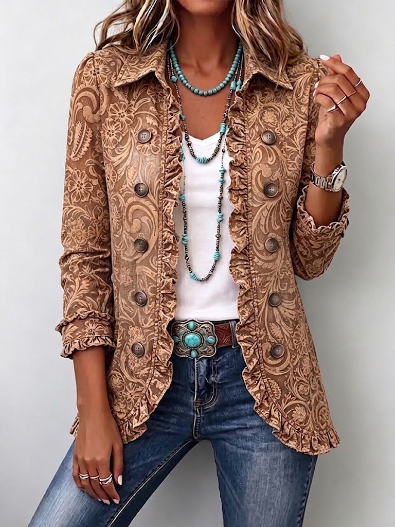 Noemí | Chaqueta bohemia de flores vintage marrón con volantes