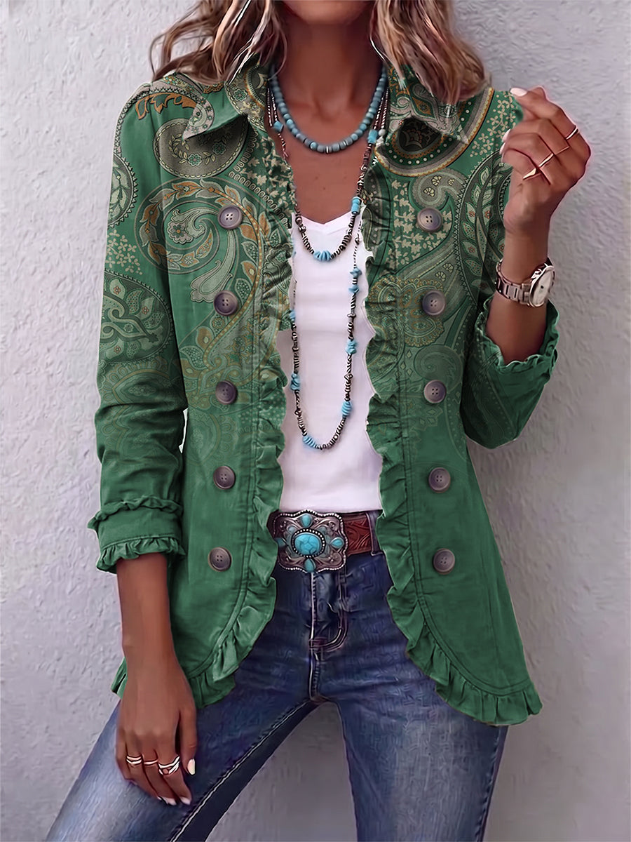 Cósima | Chaqueta bohemia paisley verde con volantes