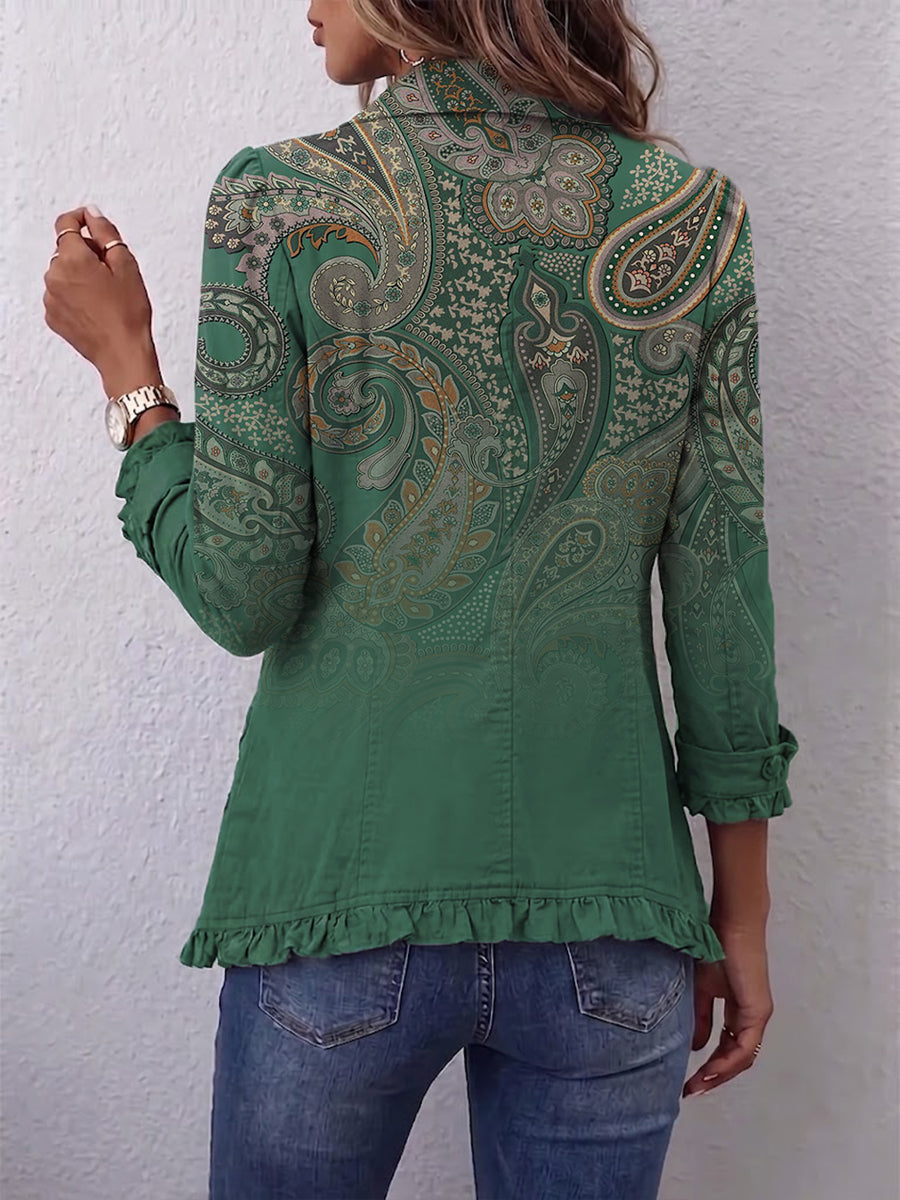 Cósima | Chaqueta bohemia paisley verde con volantes